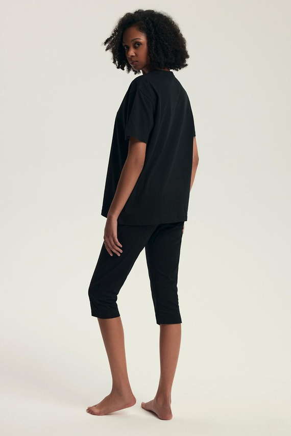 Дамски пижамен комплект 43728 Dairoku черен - памук, къс ръкав, капри панталон