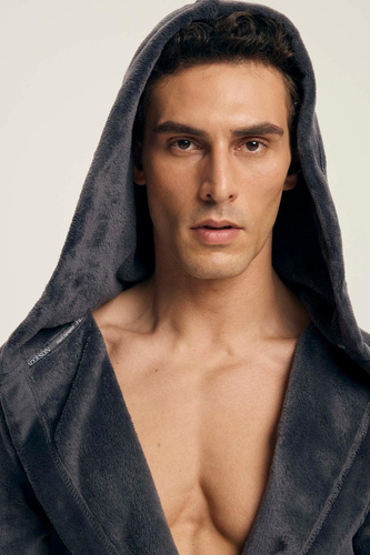 Мъжки халат Henderson 43447 Vocal, сив - с качулка, топла плетка, комфорт и елегантност