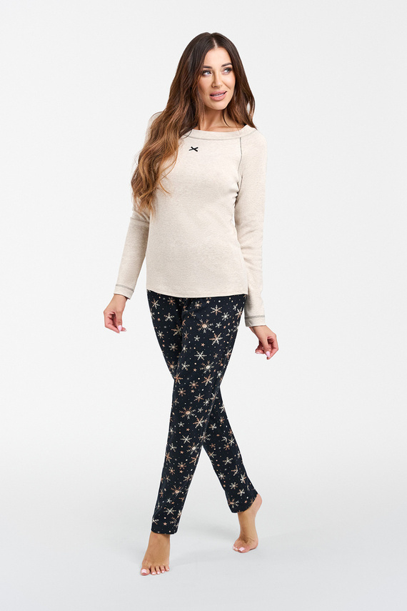 Denali Дамска пижама с дълъг ръкав и дълъг панталон Италианска мода - бежов меланж/принт