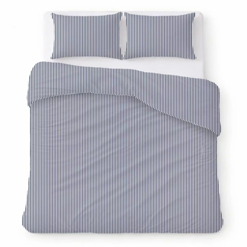 Памучно спално бельо от креп комплект дишащо без гладене white with blue stripes
