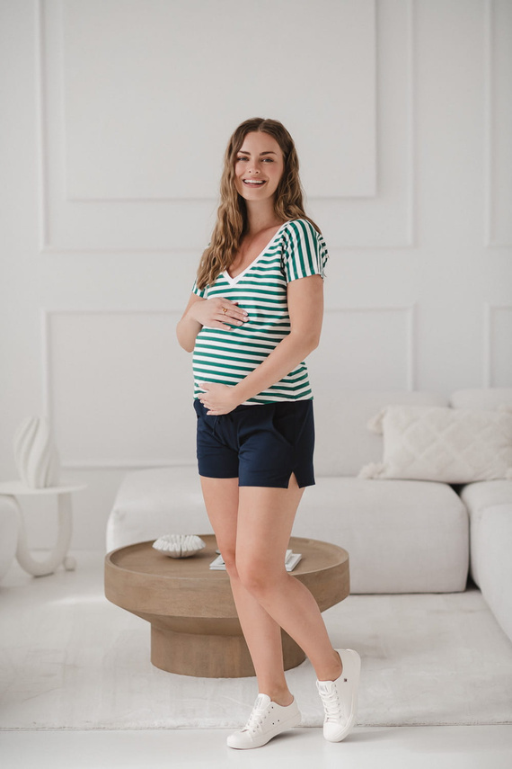 Two Ways двустранна блуза за бременни и кърмене | Къс ръкав, удобни зелени и бели райета Milk&Love