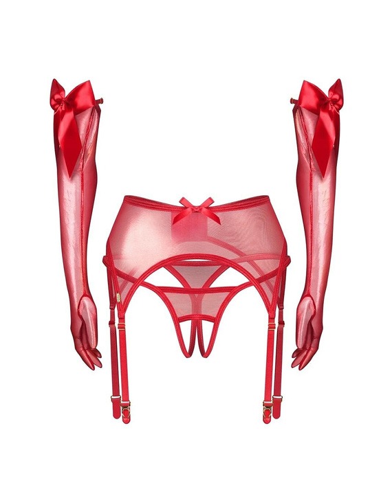 Obsessive Gifty Red 3-PCS Червен комплект колан, стрингове, ръкавици