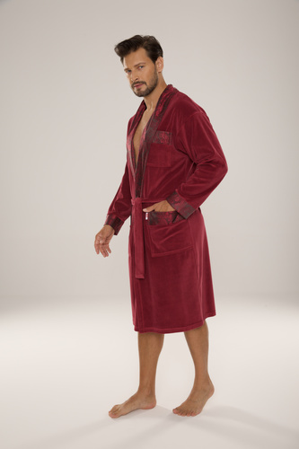868 Благороден мъжки велурен халат De Lafense - елегантен, мек, първокласен, цвят бордо