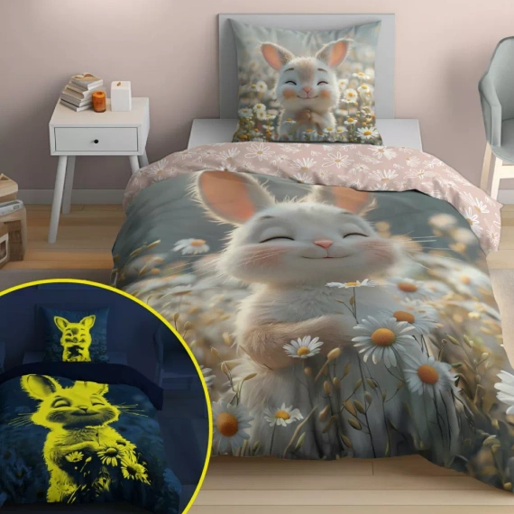 5548 A Fluo 95 Светещо в тъмното спално бельо, зайче на цветя, 100% памук | За деца Detexpol