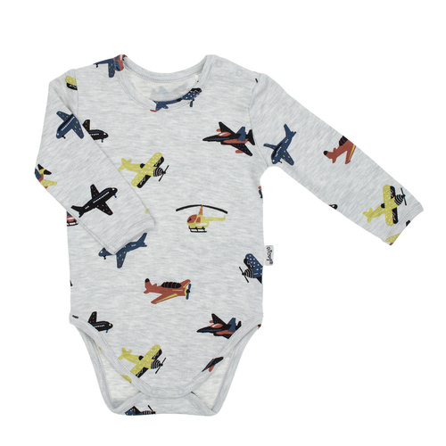 219095 Willy Nicol сиво памучно бебешко боди със самолетни шарки - дълъг ръкав