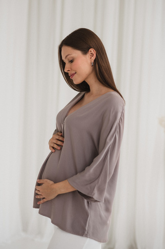 Блуза за бременни и кърмачки Mamafullness Milk&Love, бежово - вискоза, 3/4 ръкав, oversize