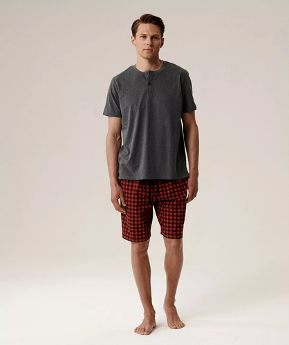 Мъжка пижама NMP-397 - сиво-червена памучна, с къс ръкав, лека и удобна за лятото