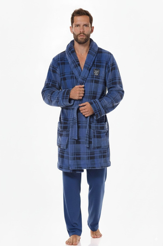 2456 BJ Мъжки тъмносин халат за баня L&amp;L - мек, кариран, яка