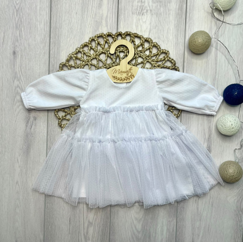 Детска рокля Mamatti SZ350 от памук с тюл, дълъг ръкав - бяла