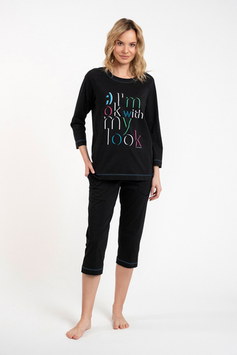 Дамска пижама Olza 3/4 ръкав, 3/4 панталон Италианска мода - черна 