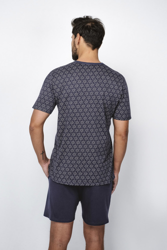 Ricardo Мъжка пижама с къс ръкав, къси панталони Италианска мода - морско синьо/принт