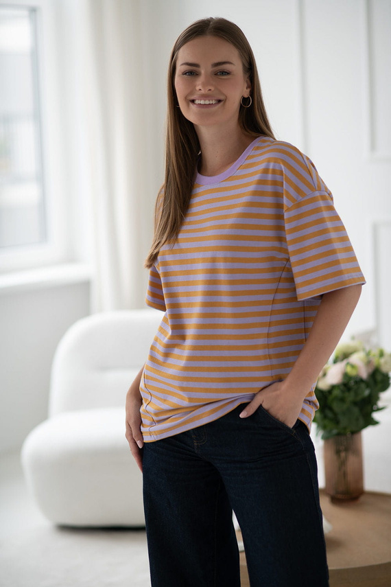 Тениска за бременност и кърмене Mamahood Milk&Love, медено и лилаво райе – удобно и стилно