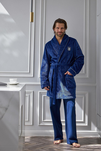 L&L Elegant 2664 Мъжки къс халат от вафлен плат, мек с яка, тъмносин