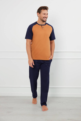 Alexander Мъжка пижама с къс ръкав и дълъг панталон Италианска мода - коняк/гранат