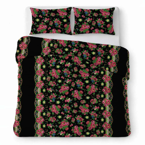 Памучно спално бельо от креп комплект дишащо без гладене black with colorful flowers