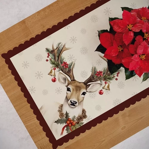 PBN288 Винтидж коледна подложка с елен Marquisette, бежова