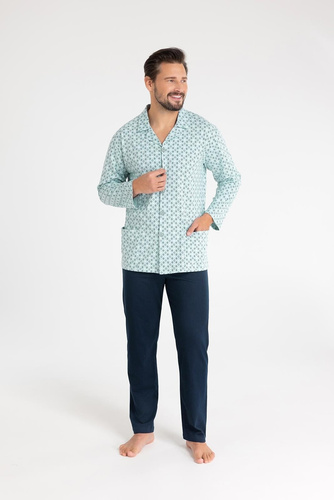 Мъжка памучна пижама Regina 486 зелена - дълъг ръкав, закопчаване с копчета, класическа кройка