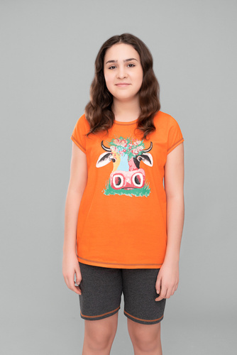 Италианска мода - оранжево/тъмен меланж, пижама за момичета