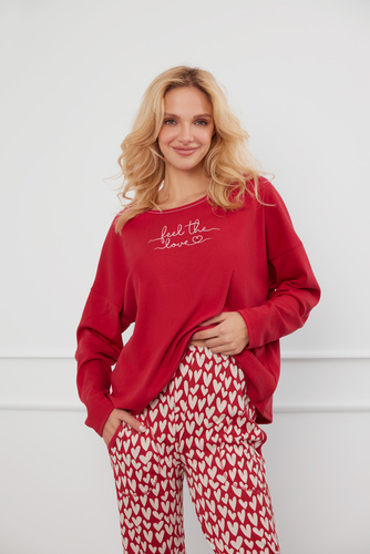 Evora Дамска пижама с дълъг ръкав и дълъг панталон Италианска мода - червено/принт