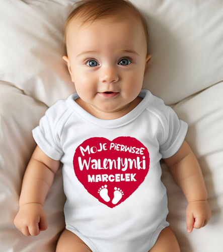 SKU N070 "Моят първи Свети Валентин + име" Боди с къс ръкав Moocha, бяло