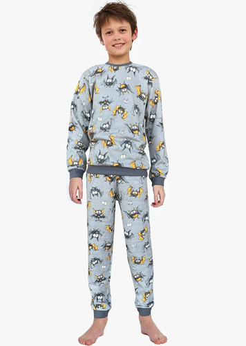 Пижами за момчета Cornette Bat 2 264/182, 263/182, сиви - памучни, с дълъг ръкав, с шарка на прилеп