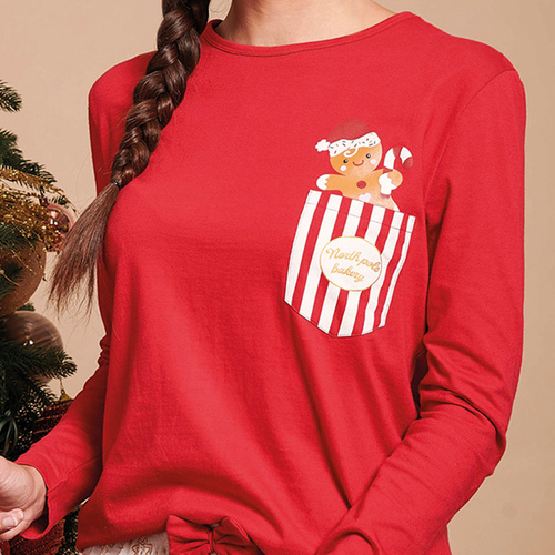 Дамска пижама Gretel Sorbetto, червена - Коледа, с дълъг ръкав, с щампа на джинджифил