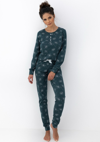 Дамска пижама Ellison Sensis, зелена - памучна пижама с дълги ръкави и оребрени маншети