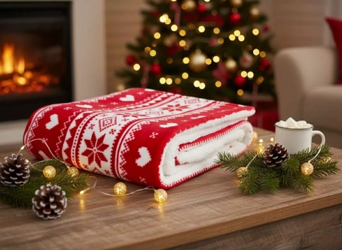 Коледно одеяло SACO червено – меко и топло с норвежки мотив на снежинки в декоративна торбичка