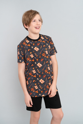 Пижама за момчета с къс ръкав, панталон Италианска мода - графит/черно