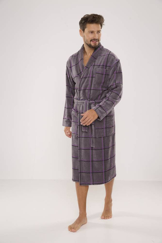 803 / 819 Мъжки халат от хавлиена материя Twin Forex - сив с лилаво каре (сиво каре)