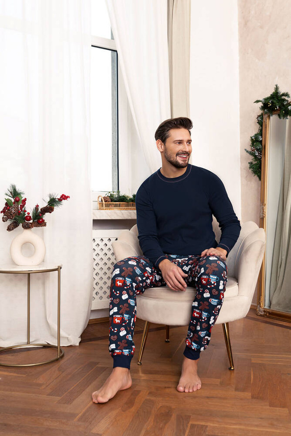 Rojas Мъжка пижама с дълъг ръкав, дълъг панталон Италианска мода - тъмносиньо/принт