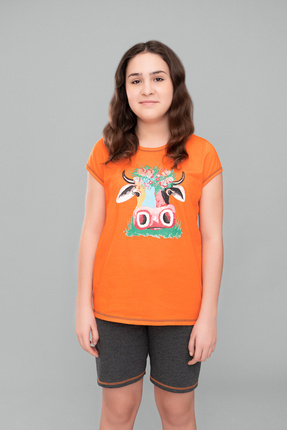 Италианска мода - оранжево/тъмен меланж, пижама за момичета