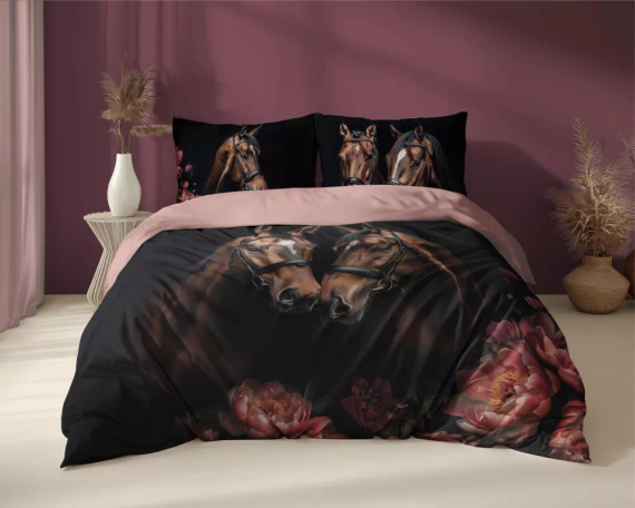 5295 A Holland Памучно спално бельо коне цветя Detexpol черно