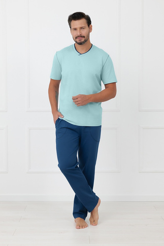 Мъжка памучна пижама Devon Italian Fashion с дълги панталони, тюркоаз