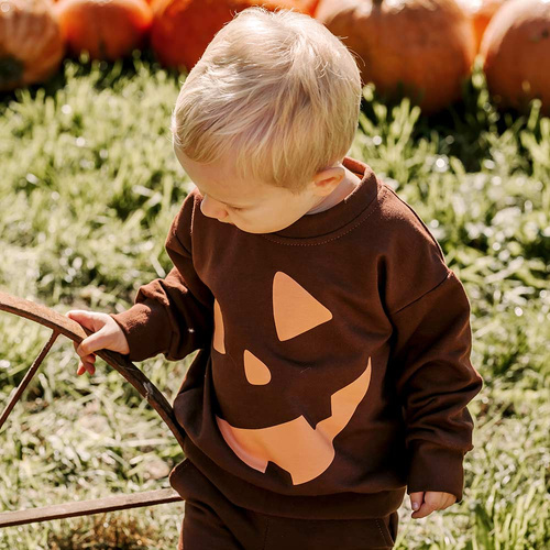 Детски анцуг Eevi Halloween, кафяв - топъл комплект, суитшърт и панталон