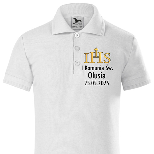 Поло тениска с къс ръкав Moocha "Първо Свето Причастие с име и дата", бяла