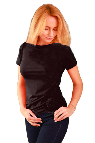 Дамска блуза Lily Mirale от вискоза - къс ръкав, декоративна роза - черна