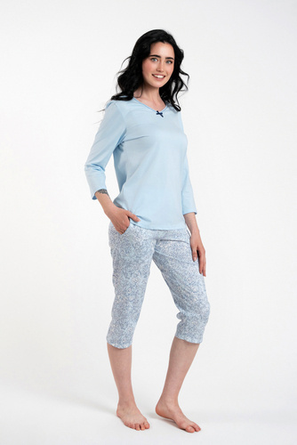 Salli Дамска пижама с 3/4 ръкав и 3/4 панталон Италианска мода - синьо/принт