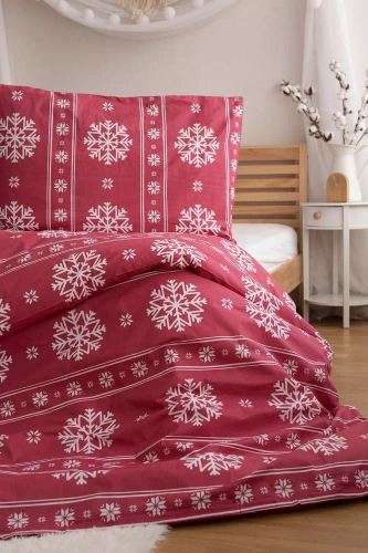 Коледен комплект спално бельо Jerry Fabrics – червено с бели снежинки, 100% памук