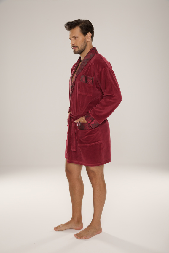 866 Noble Мъжки велурен халат De Lafense - къс, елегантен, памук - бордо