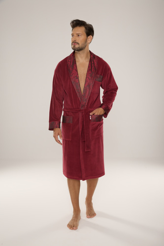 868 Благороден мъжки велурен халат De Lafense - елегантен, мек, първокласен, цвят бордо