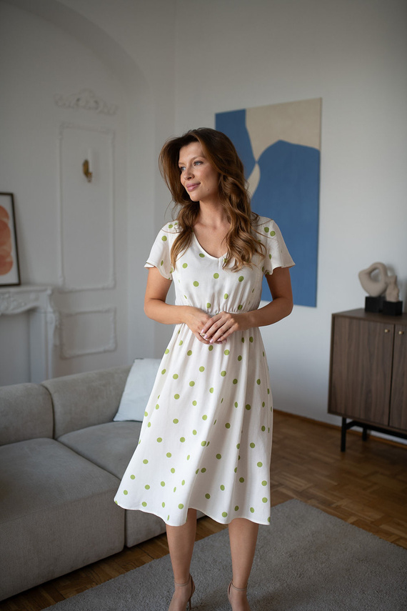 Lovely Dress Midi Milk&Love рокля за бременни и кърмещи с лен в пистачено на точки