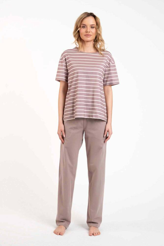 Betty Дамска пижама с къс ръкав и дълъг панталон Италианска мода - капучино/принт капучино