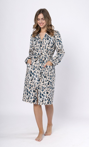 Дамски халат Leveza Virginia 1676 - тъмносин памук, дълъг ръкав, класическа кройка