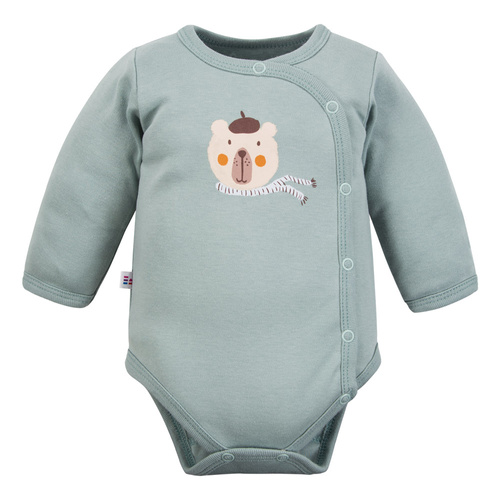 Бебешко боди Beary Cool Eevi - памук, дълъг ръкав, плик, щампа плюшено мече