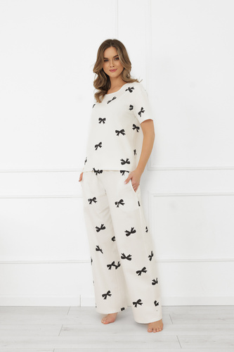 Дамска пижама Figaro - екрю, памук, къс ръкав + дълъг панталон Италианска мода  