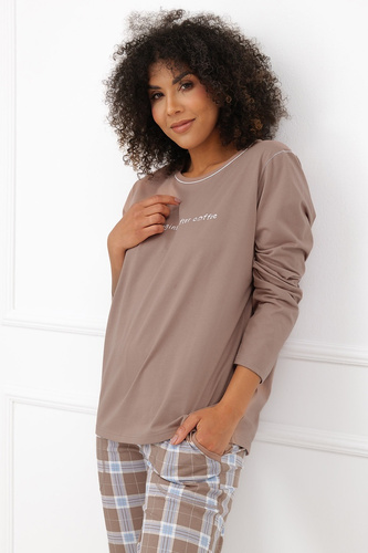 Дамска пижама Italian Fashion Delma 100% памук, дълъг панталон на каре, капучино