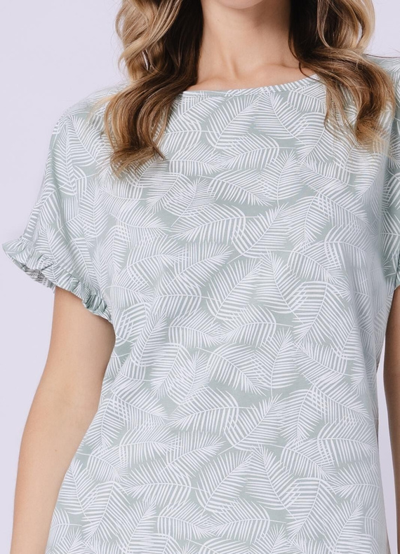 Дамска нощница Elif 1728 Leveza – 100% памук, къс ръкав с къдрички, флорален десен, лека нощница до коляното