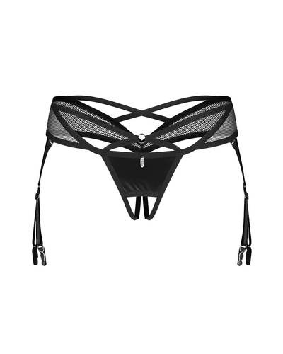 Прашки Obsessive Dominna Crotchless Thong черни – латексов гланц, отворена част, жартиери
