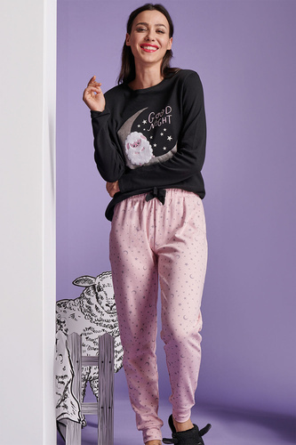 Черна дамска пижама Shearly Sorbetto - 100% памук, 3D апликация, панталон с маншети